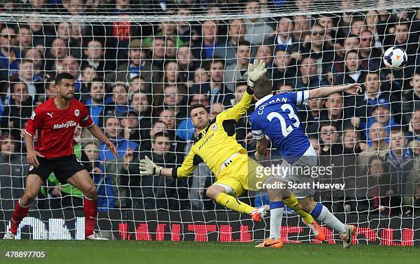 Seamus Coleman of Everton scores the winning goal during the Barclays Premier League match between Everton and Cardiff City at Goodison Park on March...