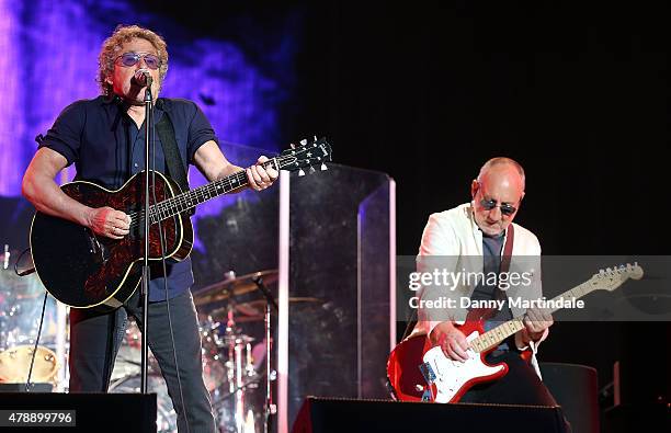 Roger Daltrey and Pete Townshend from The Who performs at the Glastonbury Festival at Worthy Farm, Pilton on June 28, 2015 in Glastonbury, England.