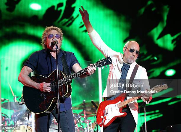 Roger Daltrey and Pete Townshend from The Who performs at the Glastonbury Festival at Worthy Farm, Pilton on June 28, 2015 in Glastonbury, England.