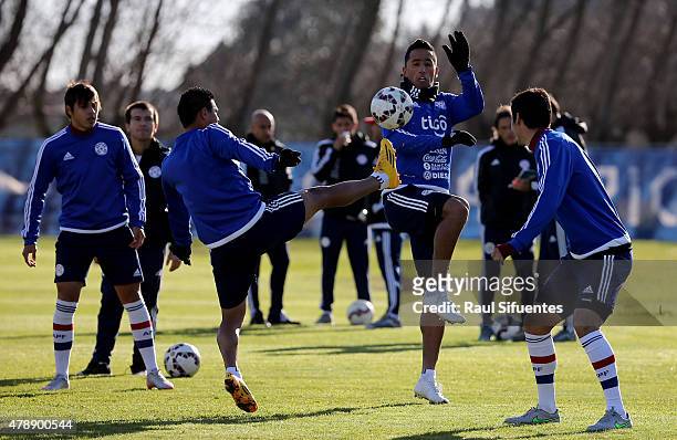 Players of Paraguay in action during a training session at ENAP training camp as part of 2015 Copa America Chile on June 28, 2015 in Concepcion,...