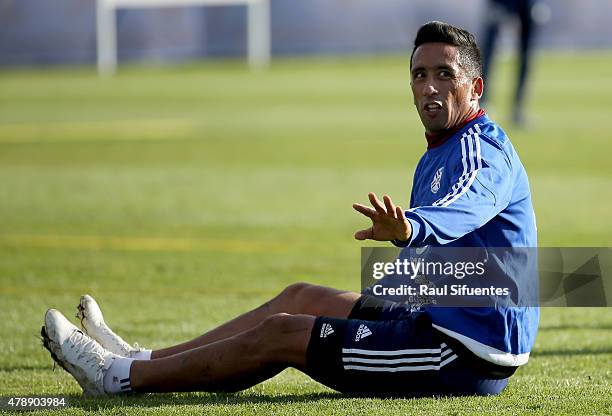 Lucas Barrios of Paraguay gestures during a training session at ENAP training camp as part of 2015 Copa America Chile on June 28, 2015 in Concepcion,...