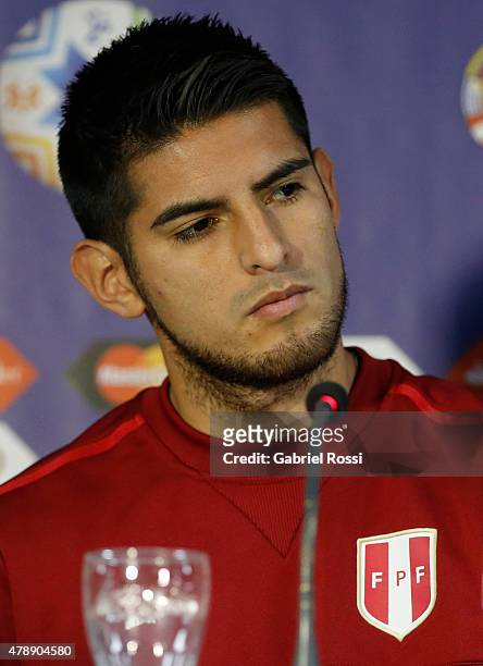 Carlos Zambrano of Peru, looks on during a press conference prior to the semi final match against Chile at Nacional Stadium as part of 2015 Copa...