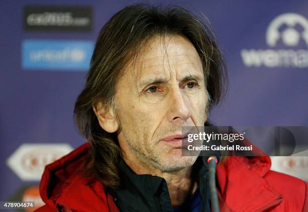 Ricardo Gareca, coach of Peru, looks on during a press conference prior to the semi final match against Chile at Nacional Stadium as part of 2015...