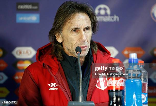 Ricardo Gareca, coach of Peru, talks during a press conference prior to the semi final match against Chile at Nacional Stadium as part of 2015 Copa...