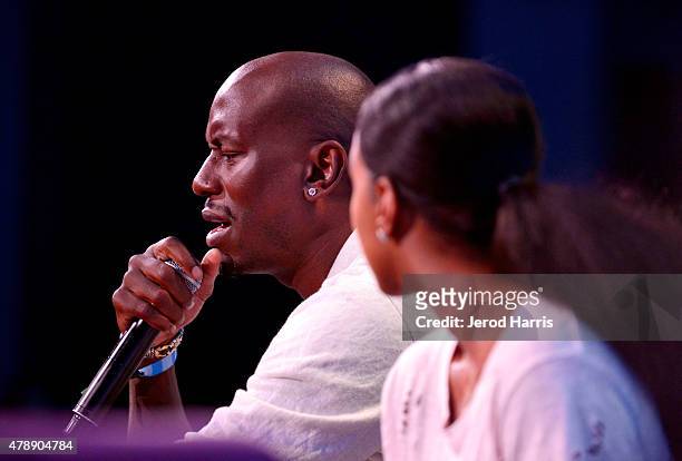 Recording artists Tyrese and Kelly Rowland speak onstage during the Genius Talks presented by AT&T during the 2015 BET Experience at the Los Angeles...