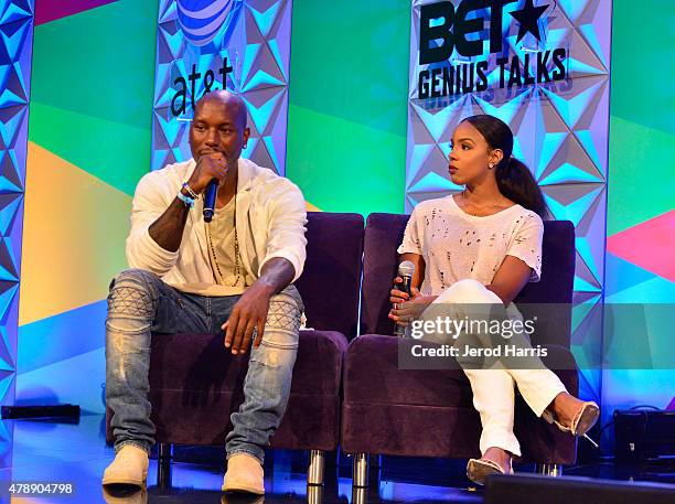 Recording artists Tyrese and Kelly Rowland speak onstage during the Genius Talks presented by AT&T during the 2015 BET Experience at the Los Angeles...