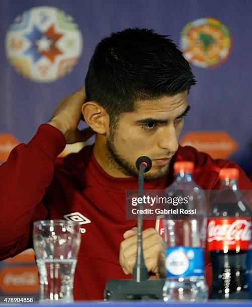 Carlos Zambrano of Peru, looks on during a press conference prior to the semi final match against Chile at Nacional Stadium as part of 2015 Copa...