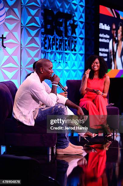 Recording artists Tyrese and Kelly Rowland speak onstage during the Genius Talks presented by AT&T during the 2015 BET Experience at the Los Angeles...