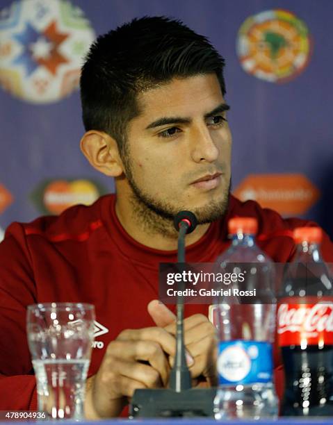 Carlos Zambrano of Peru, looks on during a press conference prior to the semi final match against Chile at Nacional Stadium as part of 2015 Copa...