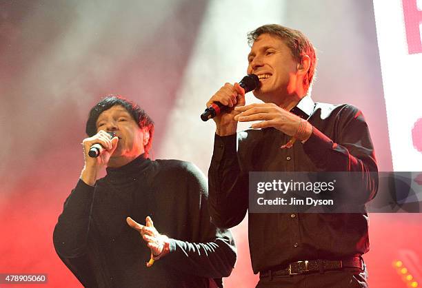 Russell Mael and Alex Kapranos of FFS perform live on the John Peel stage during the third day of Glastonbury Festival at Worthy Farm, Pilton on June...