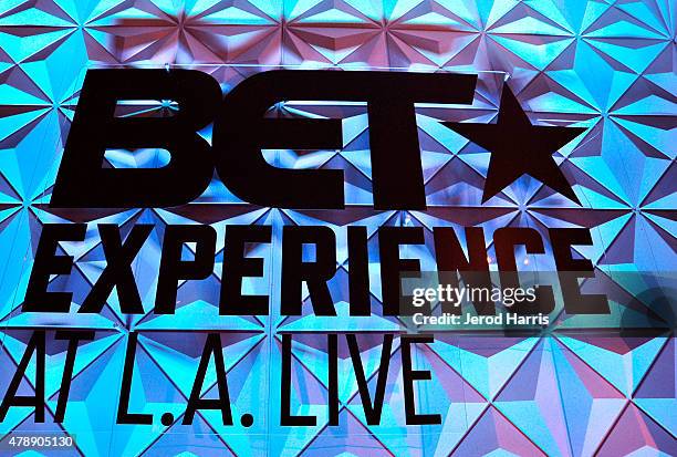 View of signage during the Genius Talks presented by AT&T during the 2015 BET Experience at the Los Angeles Convention Center on June 28, 2015 in Los...