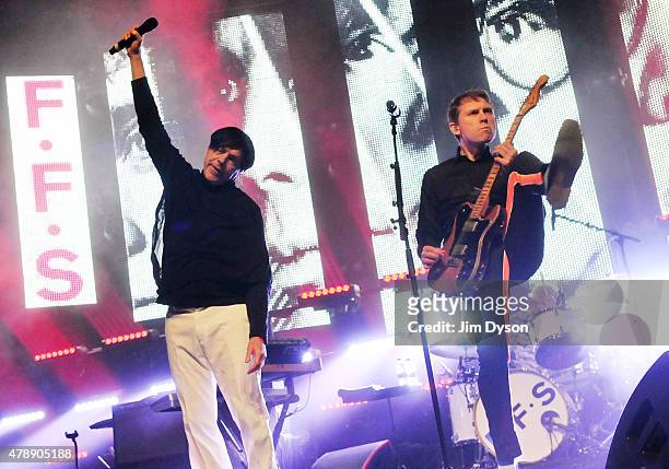 Russell Mael and Alex Kapranos of FFS perform live on the John Peel stage during the third day of Glastonbury Festival at Worthy Farm, Pilton on June...