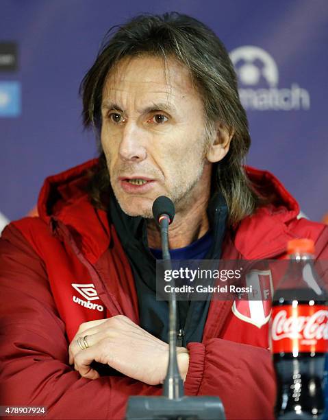 Ricardo Gareca, coach of Peru, talks during a press conference prior to the semi final match against Chile at Nacional Stadium as part of 2015 Copa...