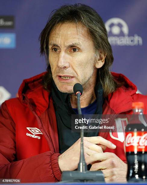 Ricardo Gareca, coach of Peru, talks during a press conference prior to the semi final match against Chile at Nacional Stadium as part of 2015 Copa...