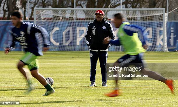 Ramon Diaz, coach of Paraguay shouts instructions to his players during a training session at ENAP training camp as part of 2015 Copa America Chile...