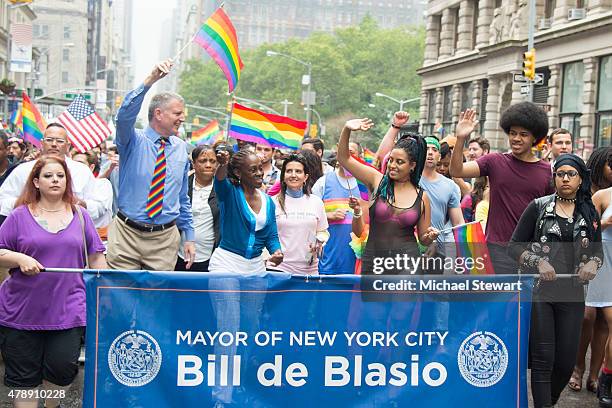 New York City Mayer Bill de Blasio, Chirlane McCray, Chiara de Blasio and Dante de Blasio attend the 2015 New York City Pride march on June 28, 2015...