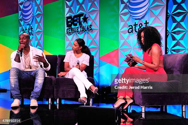 Recording artists Tyrese, Kelly Rowland and moderator Karen Civil speak onstage during the Genius Talks presented by AT&T during the 2015 BET...