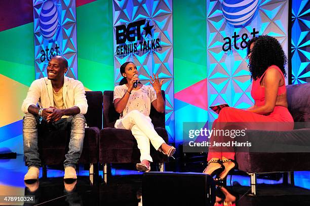 Recording artists Tyrese, Kelly Rowland and moderator Karen Civil speak onstage during the Genius Talks presented by AT&T during the 2015 BET...