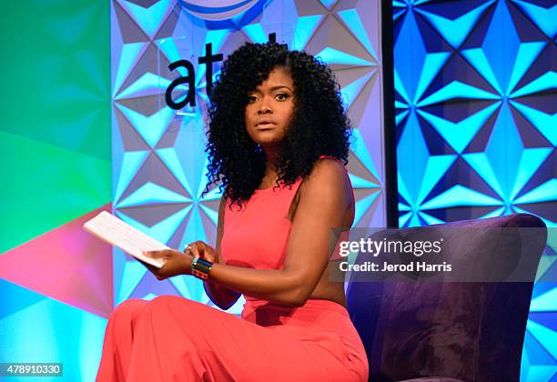 Moderator Karen Civil speaks onstage during the Genius Talks presented by AT&T during the 2015 BET Experience at the Los Angeles Convention Center on...