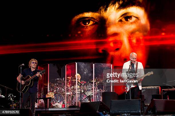 Roger Daltry and Pete Townshend of The Who performs on the Pyramid Stage at the Glastonbury Festival at Worthy Farm, Pilton on June 28, 2015 in...