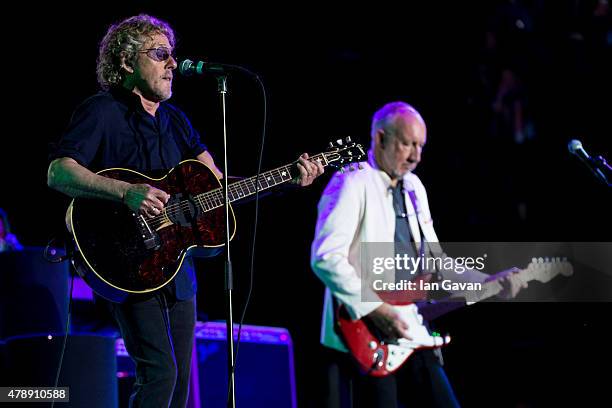 Roger Daltry and Pete Townshend of The Who performs on the Pyramid Stage at the Glastonbury Festival at Worthy Farm, Pilton on June 28, 2015 in...