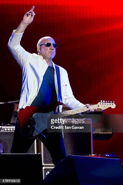 Pete Townshend of The Who performs on the Pyramid Stage at the Glastonbury Festival at Worthy Farm, Pilton on June 28, 2015 in Glastonbury, England....