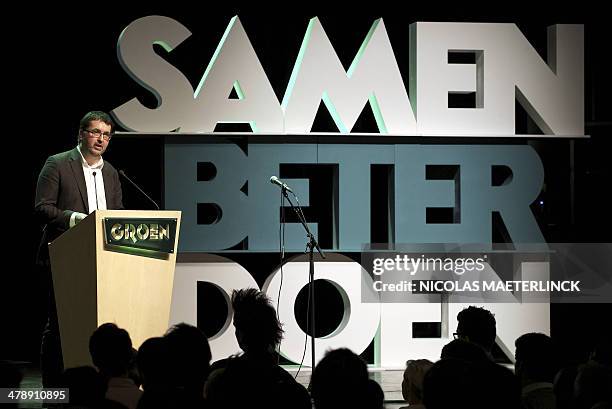 Wouter Van Besien, chairman of Flemish green party Groen, delivers a speech at the start of campaigning for the upcoming Groen elections in Leuven on...