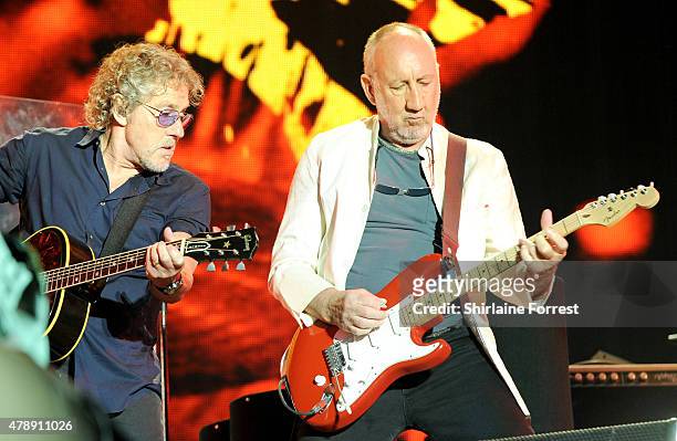 Roger Daltrey and Pete Townshend of The Who perform headlining The Pyramid Stage at the Glastonbury Festival at Worthy Farm, Pilton on June 28, 2015...