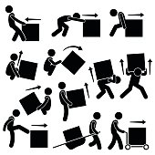 Man Moving Box Actions Postures Stick Figure Pictogram Icons