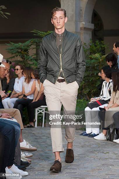 Model walks the runway during the Officine Generale Menswear Spring/Summer 2016 show as part of Paris Fashion Week on June 28, 2015 in Paris, France.