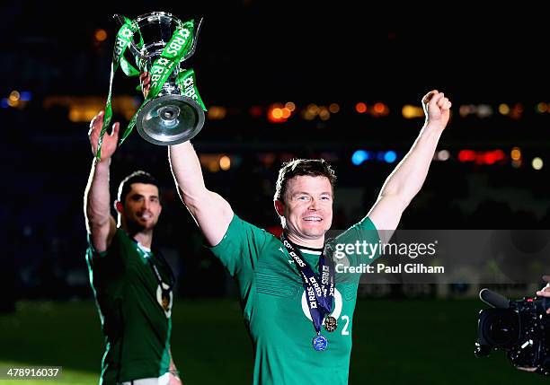 Brian O'Driscoll of Ireland celebrates with the trophy after winning the six nations championship with a 22-20 victory over France during the RBS Six...