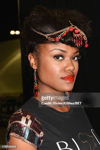 Model prepares for Fashion and Beauty @BETX presented by Pantene during the 2015 BET Experience at the Los Angeles Convention Center on June 28, 2015...
