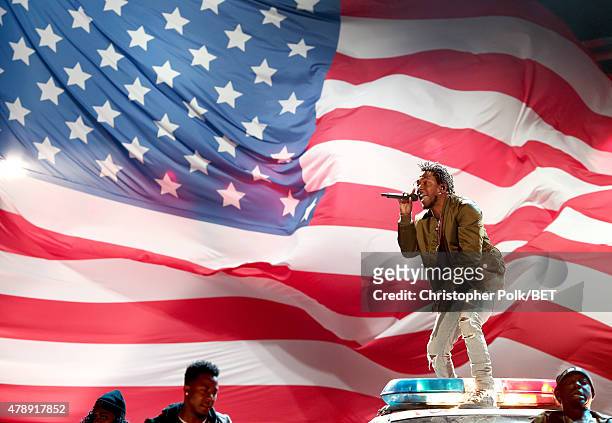 Recording artist Kendrick Lamar performs onstage during the 2015 BET Awards at the Microsoft Theater on June 28, 2015 in Los Angeles, California.
