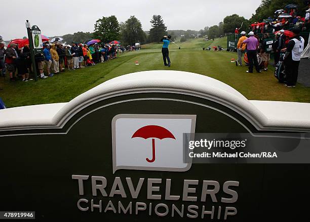 General view of the first tee box during the final round of the Travelers Championship held at TPC River Highlands on June 28, 2015 in Cromwell,...