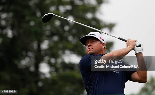 Carl Pettersson of Sweden hits his drive on the sixth hole during the final round of the Travelers Championship held at TPC River Highlands on June...