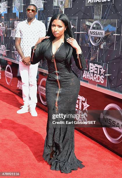 Hip-hop artists Nicki Minaj and Meek Mill attend the 2015 BET Awards at the Microsoft Theater on June 28, 2015 in Los Angeles, California.