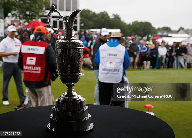 The Open Championship Trophy is seen near the first tee box during the final round of the Travelers Championship held at TPC River Highlands on June...