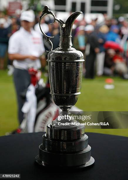 The Open Championship Trophy is seen near the first tee box during the final round of the Travelers Championship held at TPC River Highlands on June...