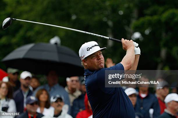 Carl Pettersson of Sweden hits his drive on the first hole during the final round of the Travelers Championship held at TPC River Highlands on June...