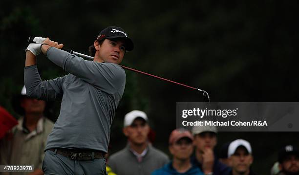 Brian Harman of the United States hits his drive on the fifth hole during the final round of the Travelers Championship held at TPC River Highlands...