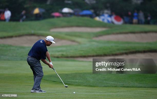 Carl Pettersson of Sweden hits his second shoton the sixth hole during the final round of the Travelers Championship held at TPC River Highlands on...