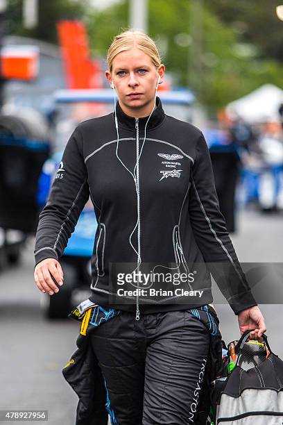 Christina Nielsen is shown in the pits before the Sahlen's Six Hours of the Glen at Watkins Glen International on June 28, 2015 in Watkins Glen, New...