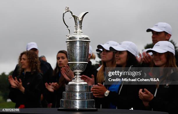 The Open Championship Trophy is introduced during the presentaion ceremony following the final round of the Travelers Championship held at TPC River...