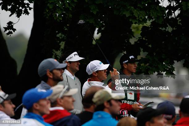 Graham Delaet of Canada hits his drive on the ninth hole during the final round of the Travelers Championship held at TPC River Highlands on June 28,...