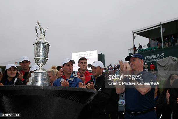 The Open Championship Trophy is introduced during the presentaion ceremony following the final round of the Travelers Championship held at TPC River...