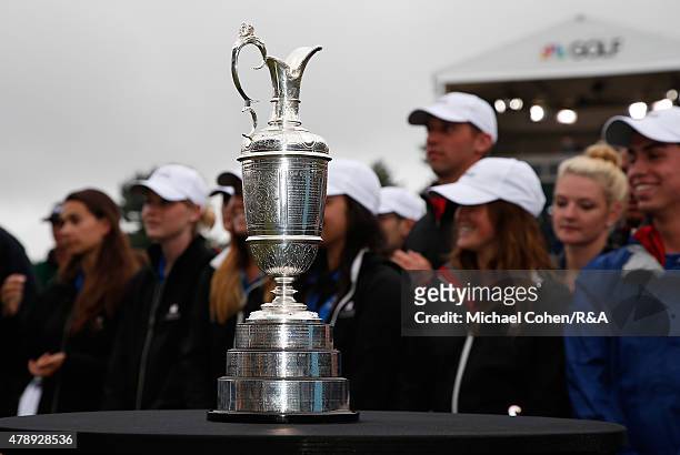The Open Championship Trophy is introduced during the presentaion ceremony following the final round of the Travelers Championship held at TPC River...