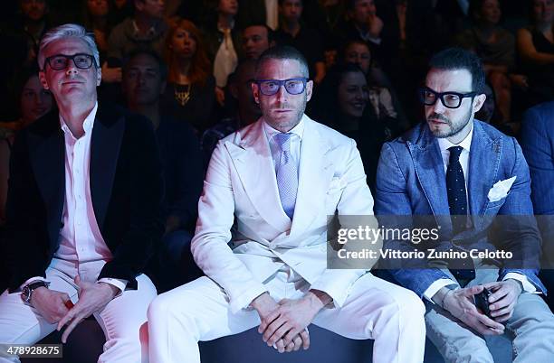 Andrea Tessitore and Lapo Elkann attend the Italia Independent show during MBFWI presented by American Express Fall/Winter 2014 on March 15, 2014 in...