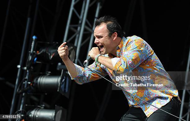 Samuel T. Herring of Future Islands performs on the Other stage at the Glastonbury Festival at Worthy Farm, Pilton on June 28, 2015 in Glastonbury,...