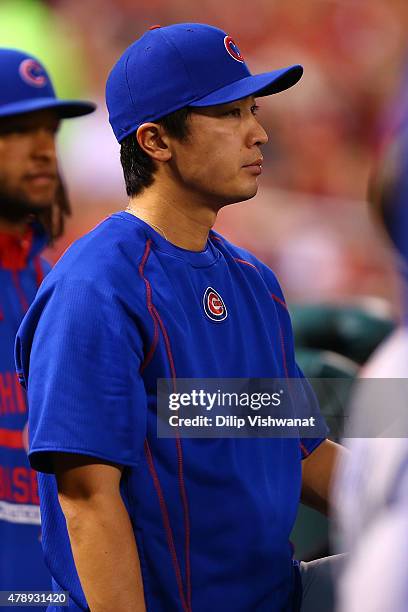 Tsuyoshi Wada of the Chicago Cubs looks on from the dugout in the first inning during a game against the St. Louis Cardinals at Busch Stadium on June...