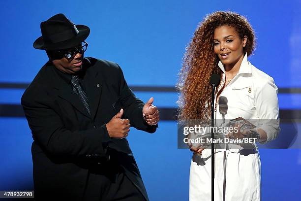 Producer/songwriter Jimmy Jam presents honoree Janet Jackson with the Ultimate Icon Award onstage during the 2015 BET Awards at the Microsoft Theater...